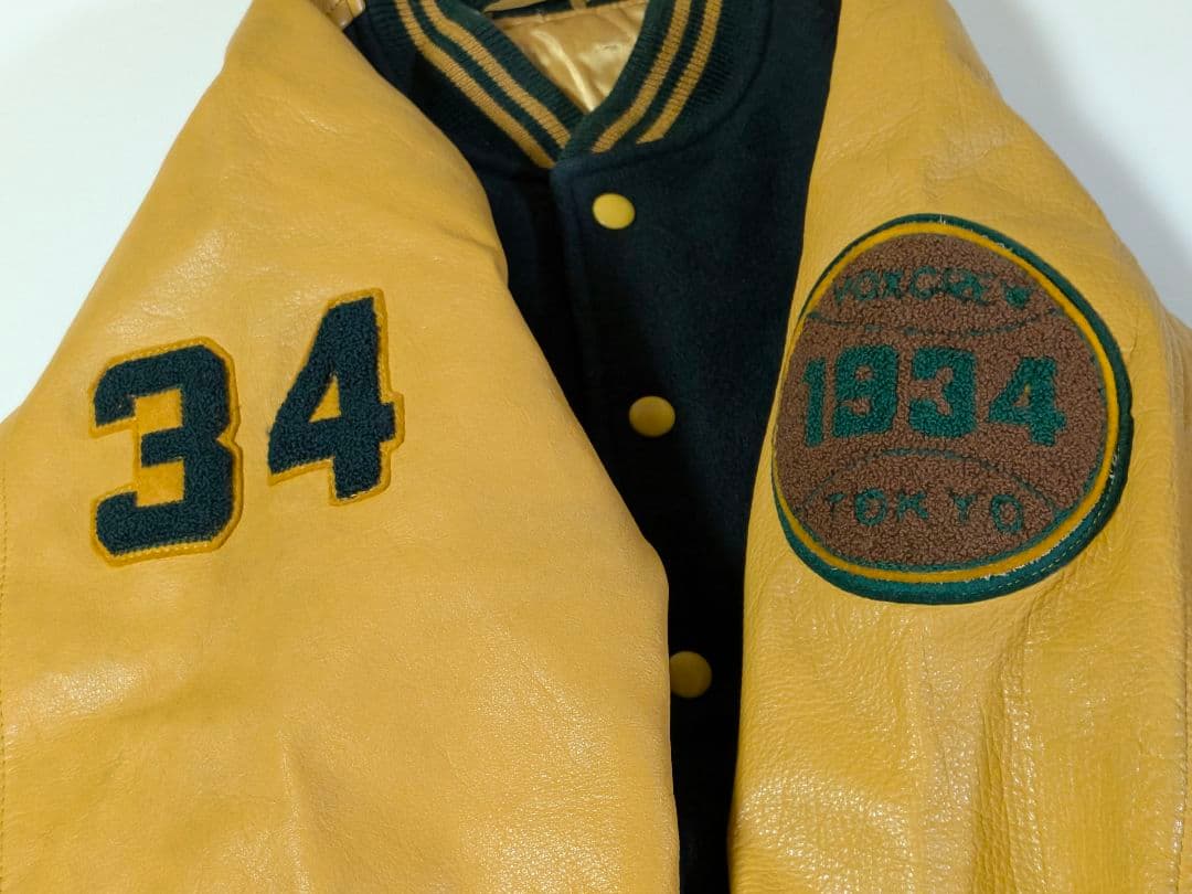 VOX ヴォックス　スタジャン　VOXCREW 袖レザー　M グリーン イエロー