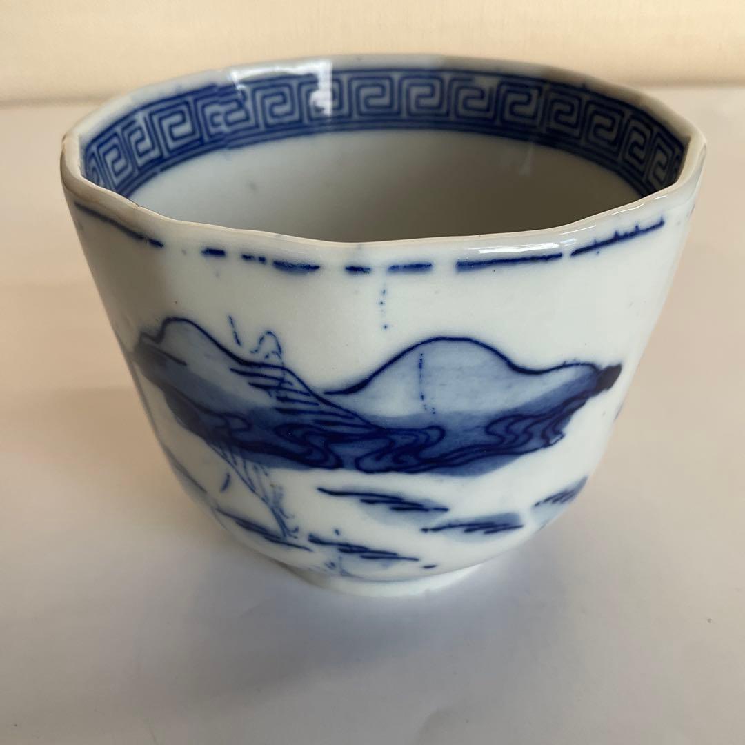 染付楼閣山水唐人文向付(蕎麦猪口)24客組　幕末〜明治時代頃