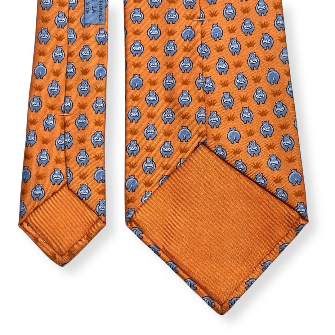 極美品✨HERMES ネクタイ　エルメス　かば　可愛い　アニマル　オレンジ