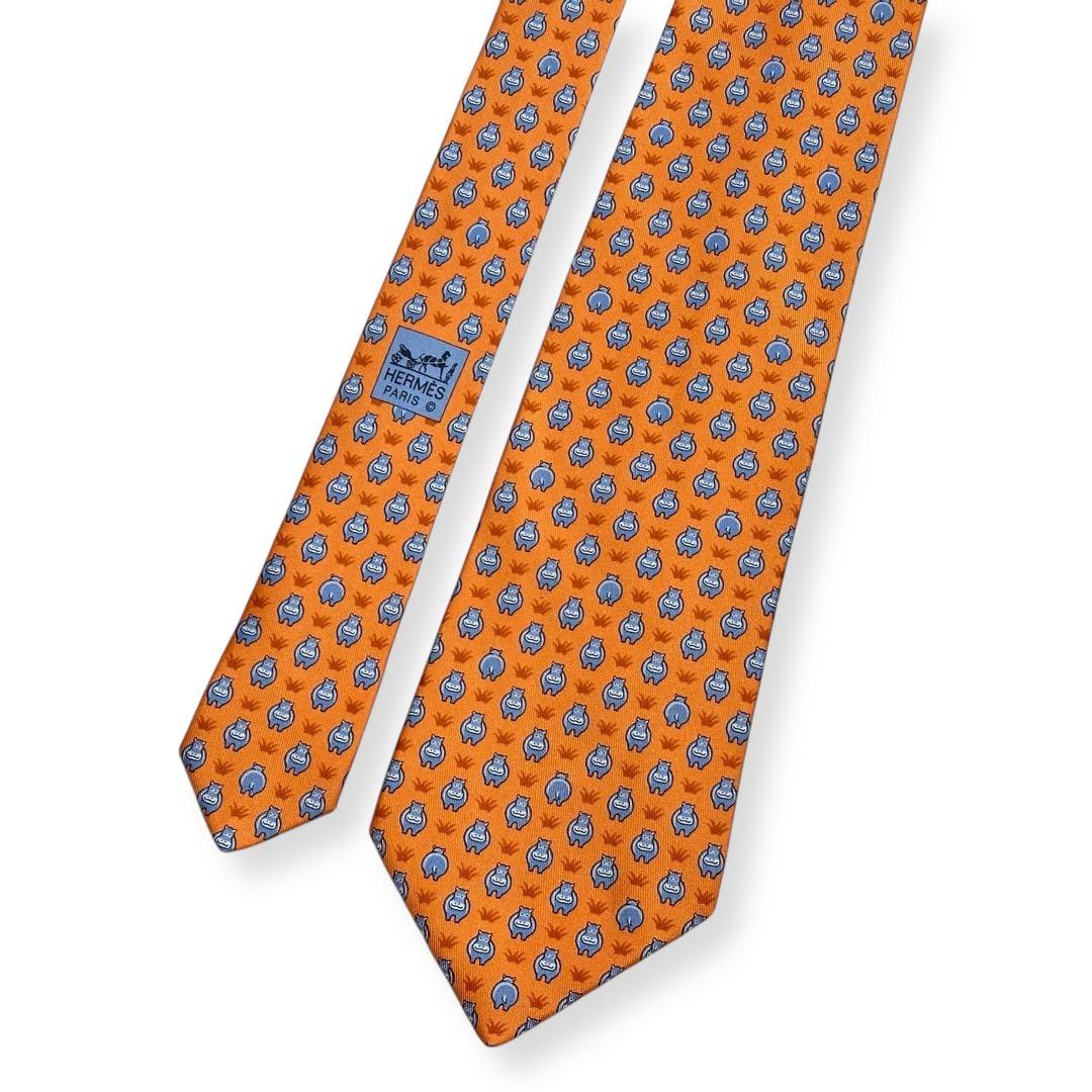 極美品✨HERMES ネクタイ　エルメス　かば　可愛い　アニマル　オレンジ