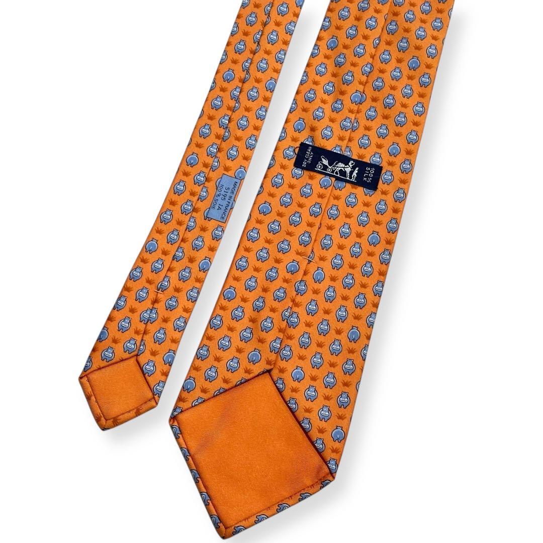 極美品✨HERMES ネクタイ　エルメス　かば　可愛い　アニマル　オレンジ