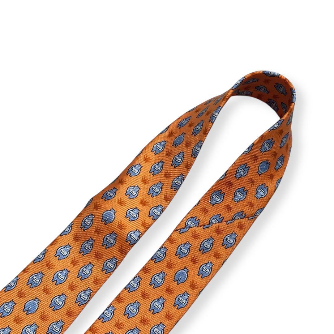 極美品✨HERMES ネクタイ　エルメス　かば　可愛い　アニマル　オレンジ