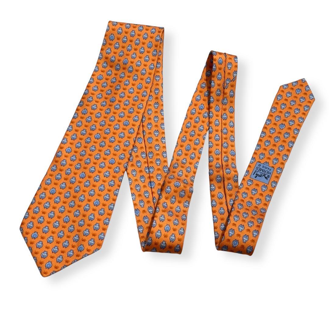 極美品✨HERMES ネクタイ　エルメス　かば　可愛い　アニマル　オレンジ