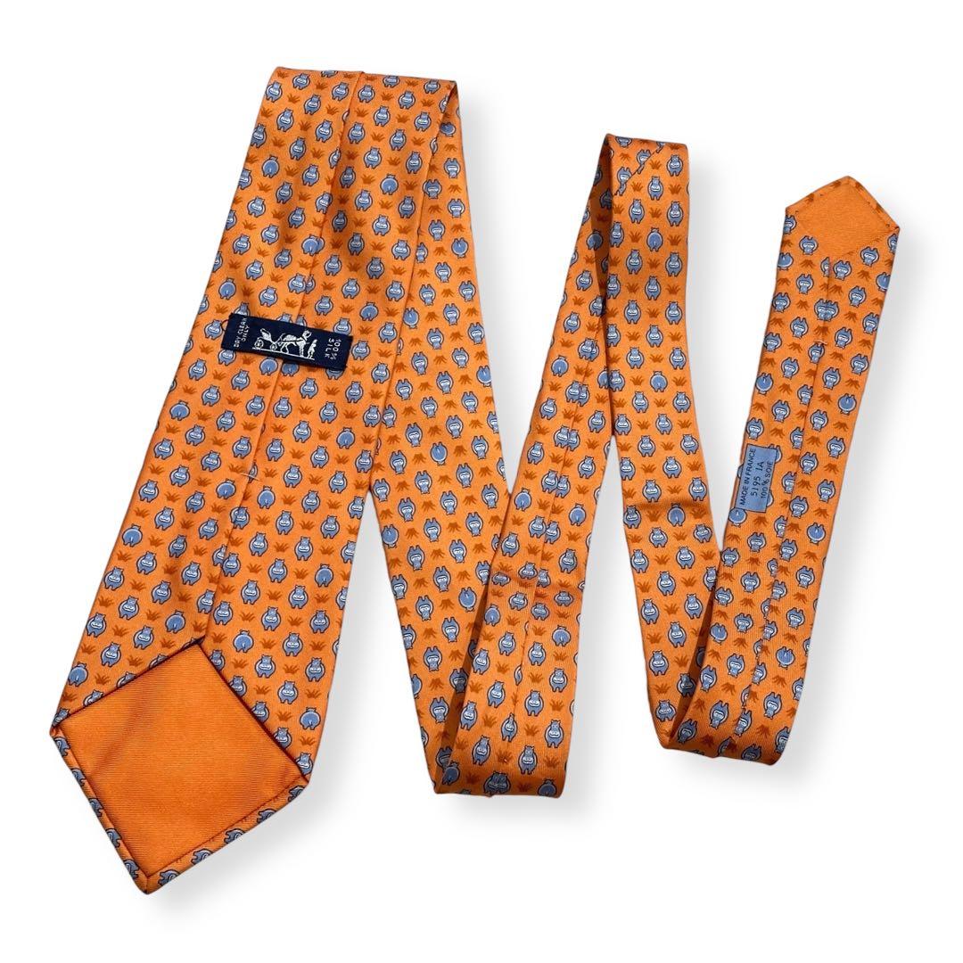 極美品✨HERMES ネクタイ　エルメス　かば　可愛い　アニマル　オレンジ