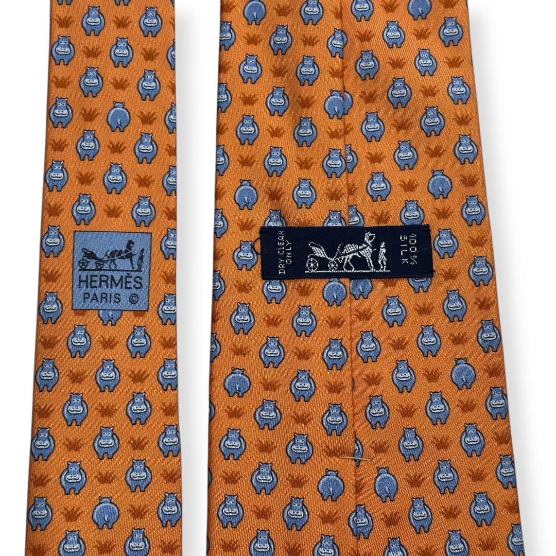 極美品✨HERMES ネクタイ　エルメス　かば　可愛い　アニマル　オレンジ