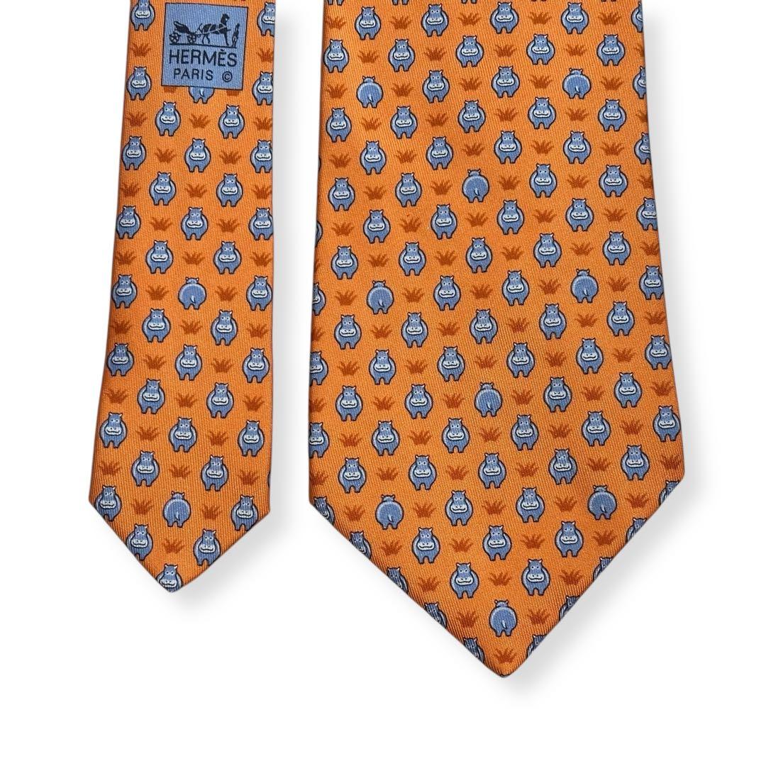 極美品✨HERMES ネクタイ　エルメス　かば　可愛い　アニマル　オレンジ