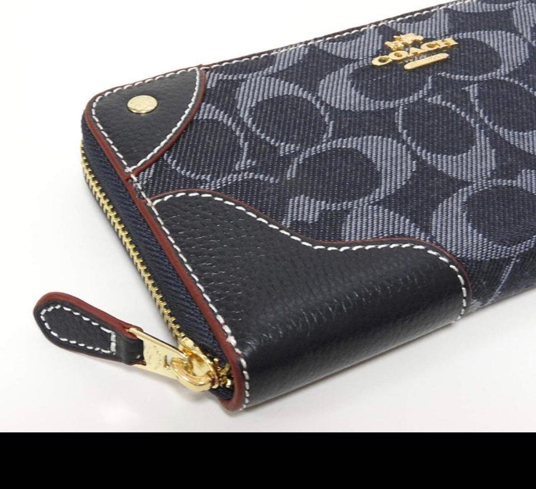 COACH コーチデニムレザー アコーディオン ジップ長財布 ミッドナイトブルー
