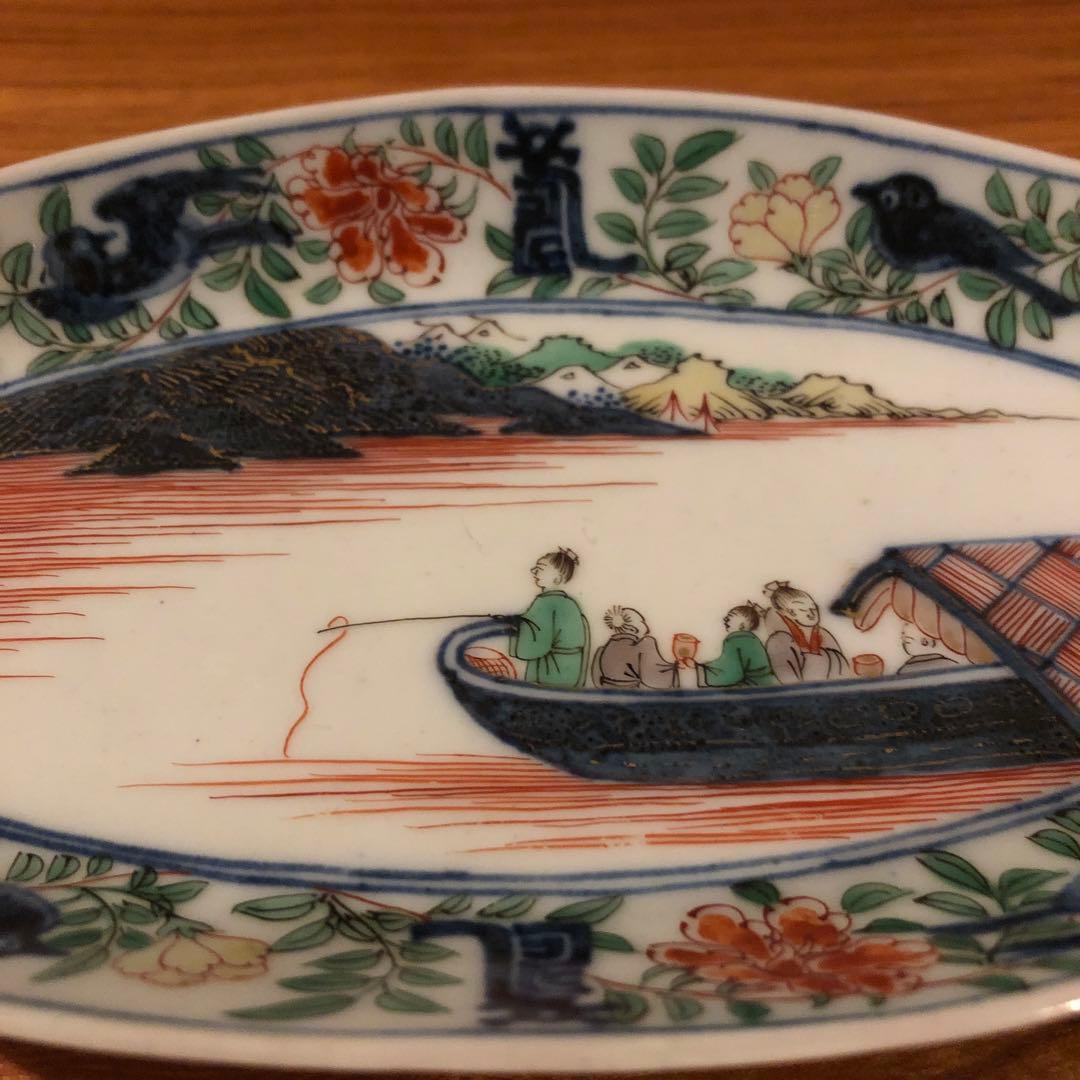 上手の古伊万里色絵舟形皿5客