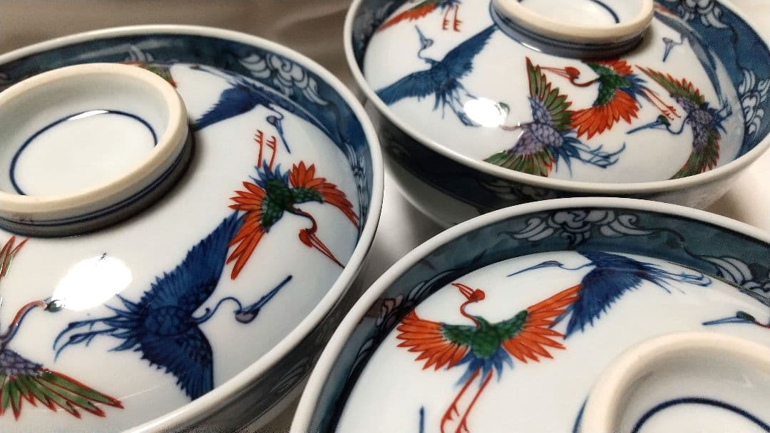 有田焼 源右衛門窯 染錦 舞鶴 蓋碗 蓋物 丼 5客組 雑煮 正月 未使用品