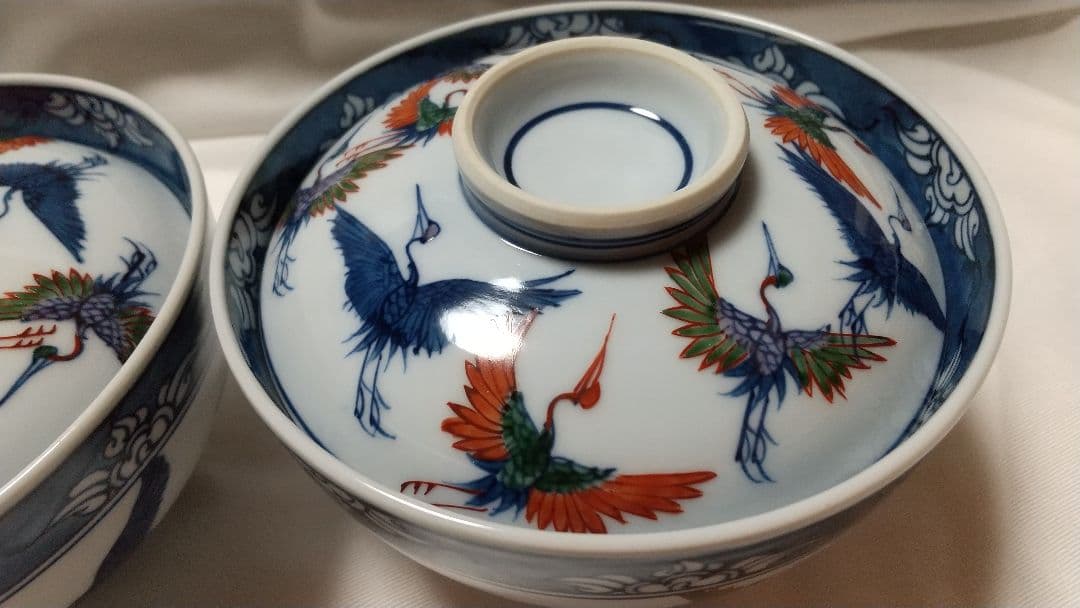 有田焼 源右衛門窯 染錦 舞鶴 蓋碗 蓋物 丼 5客組 雑煮 正月 未使用品