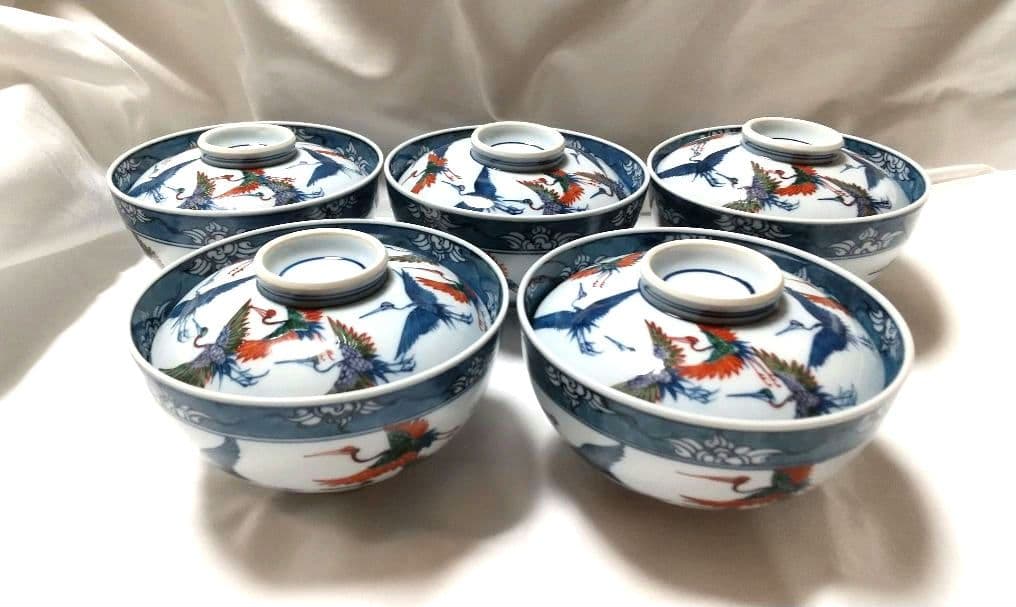 有田焼 源右衛門窯 染錦 舞鶴 蓋碗 蓋物 丼 5客組 雑煮 正月 未使用品