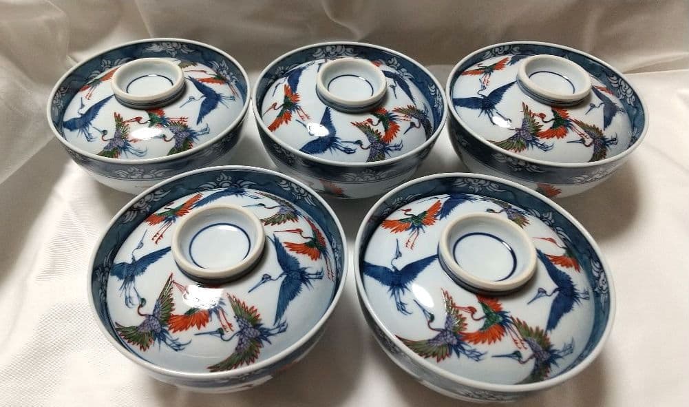 有田焼 源右衛門窯 染錦 舞鶴 蓋碗 蓋物 丼 5客組 雑煮 正月 未使用品