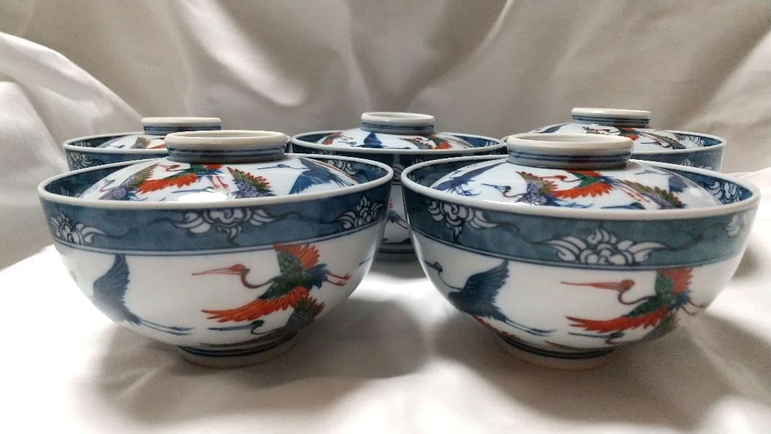 有田焼 源右衛門窯 染錦 舞鶴 蓋碗 蓋物 丼 5客組 雑煮 正月 未使用品