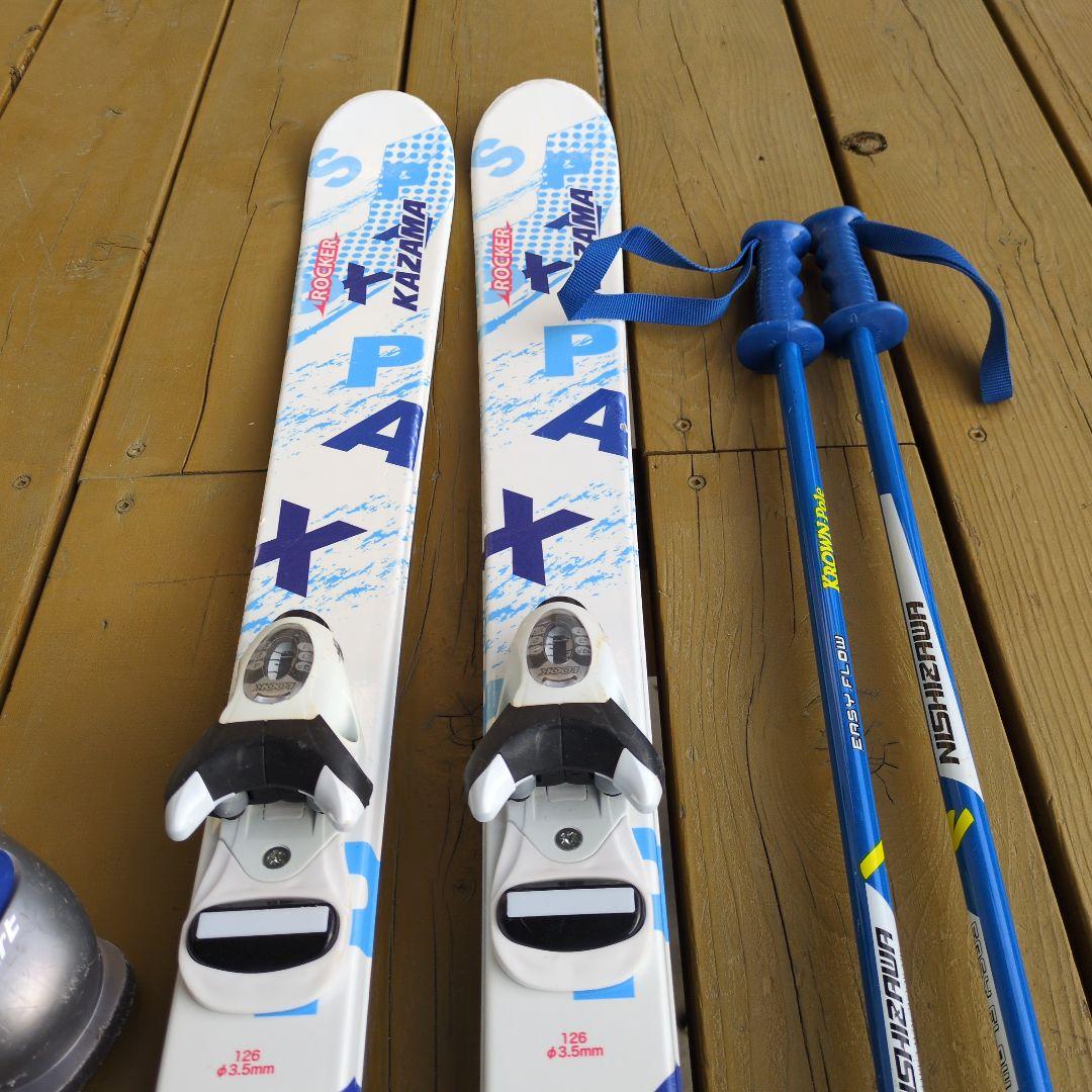 【中古】 KAZAMA スキー板126cm・ストック・ブーツセット　袋おまけ付き