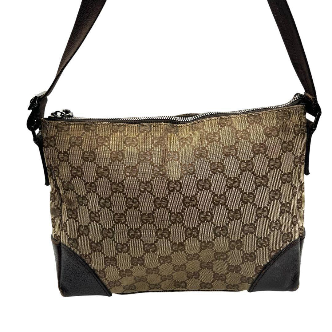 良品 596 グッチ ショルダーバッグ GG キャンバス レザー ブラウン