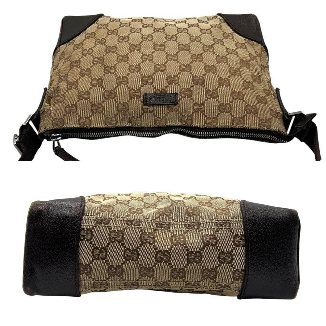 良品 596 グッチ ショルダーバッグ GG キャンバス レザー ブラウン