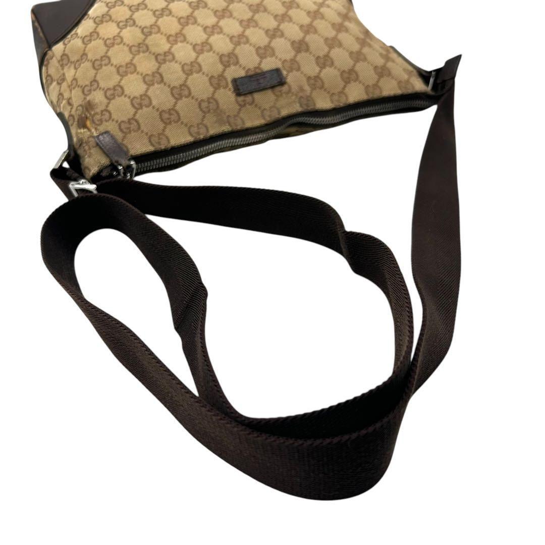 良品 596 グッチ ショルダーバッグ GG キャンバス レザー ブラウン