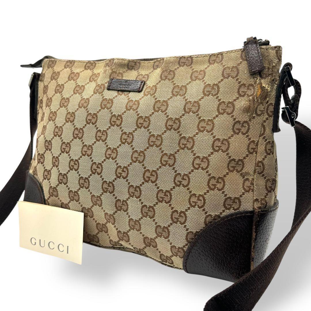 良品 596 グッチ ショルダーバッグ GG キャンバス レザー ブラウン