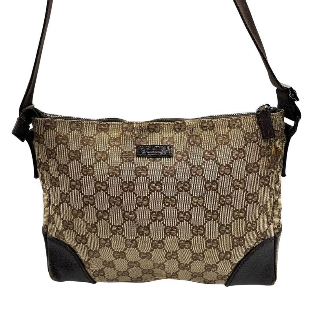 良品 596 グッチ ショルダーバッグ GG キャンバス レザー ブラウン