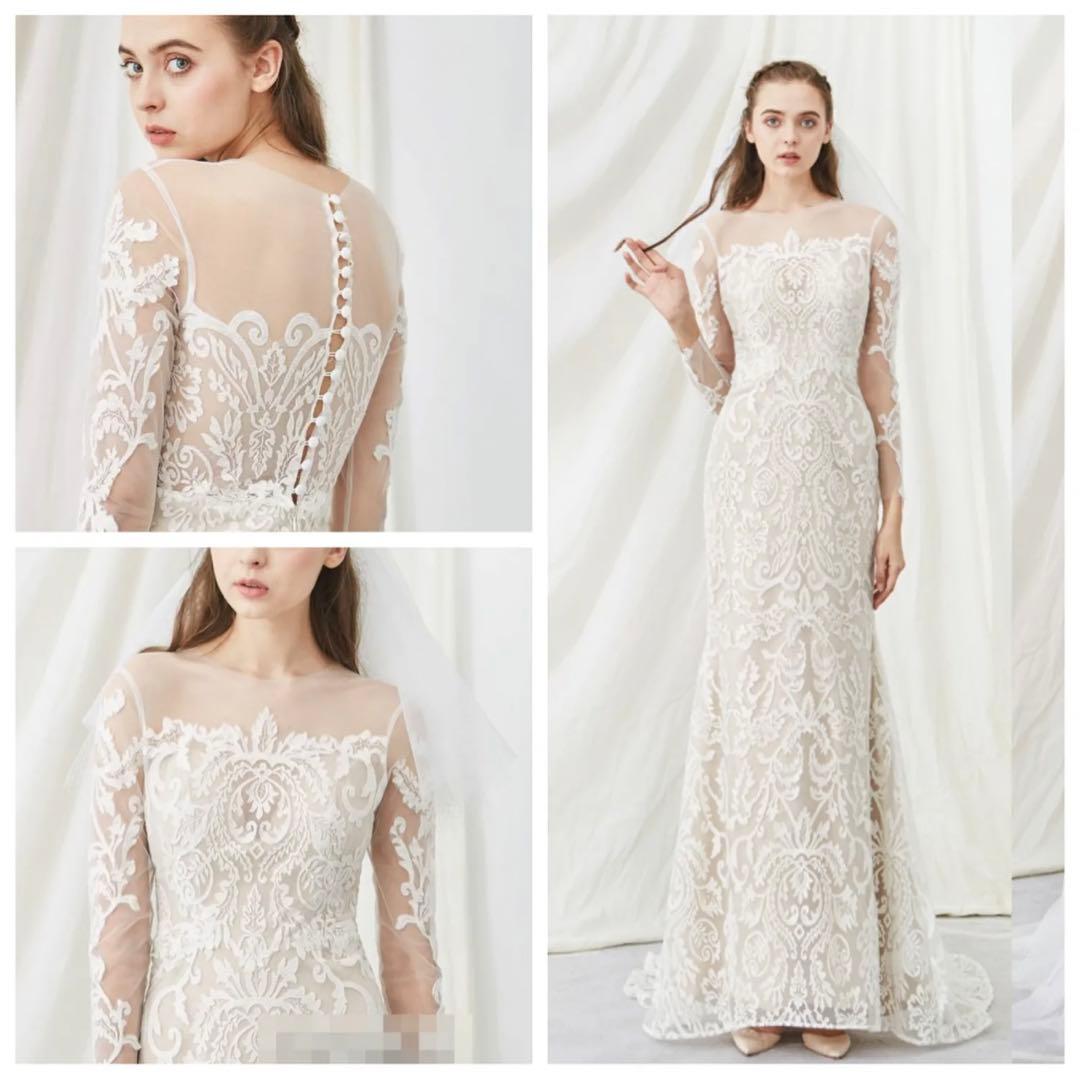 前撮り　二次会ドレス　長袖　レース刺繍