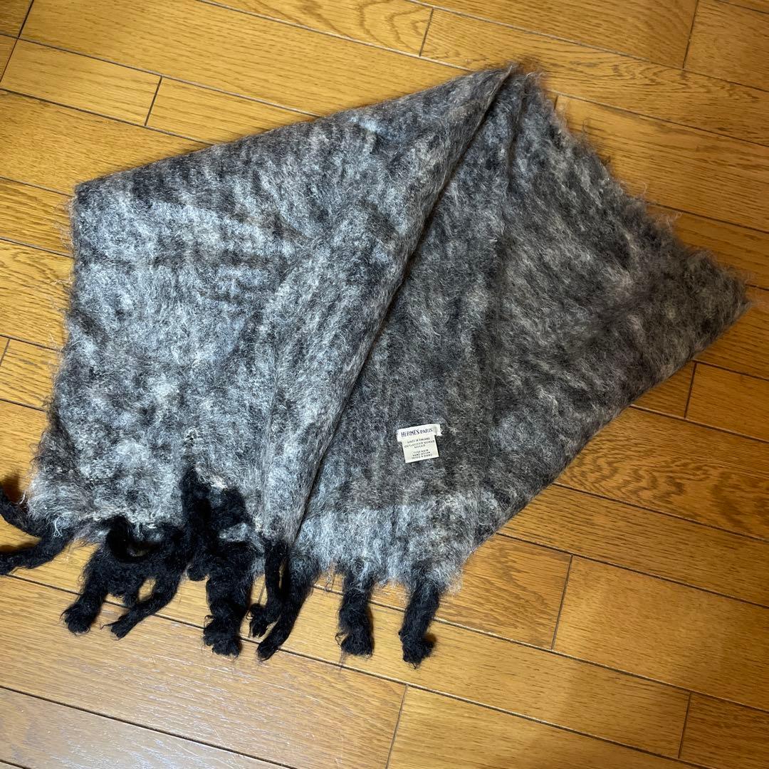 HERMES モヘアマフラー グレー系 フリンジ付き　ユニセックス