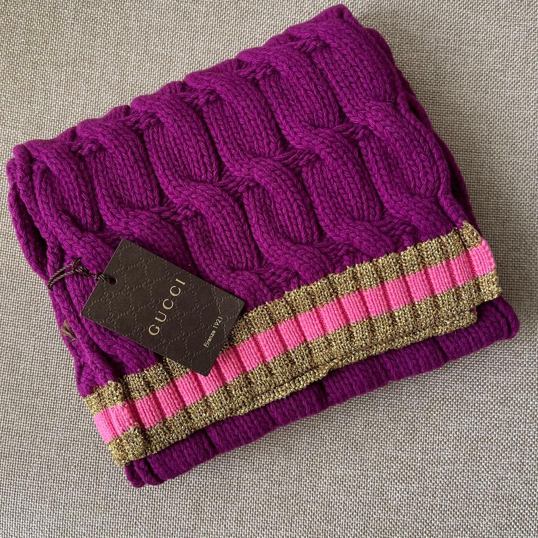新品 タグ付 GUCCI マフラー カシミア混 パープル ピンク ゴールド
