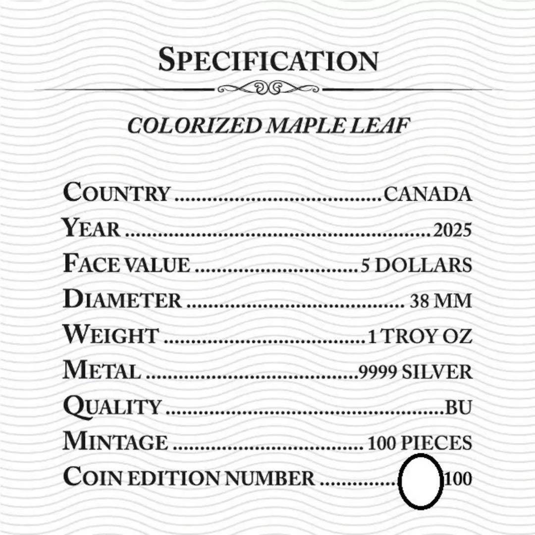 世界100枚限定！ メイプルリーフ 銀貨 カラー 生命の樹 1オンス 1oz