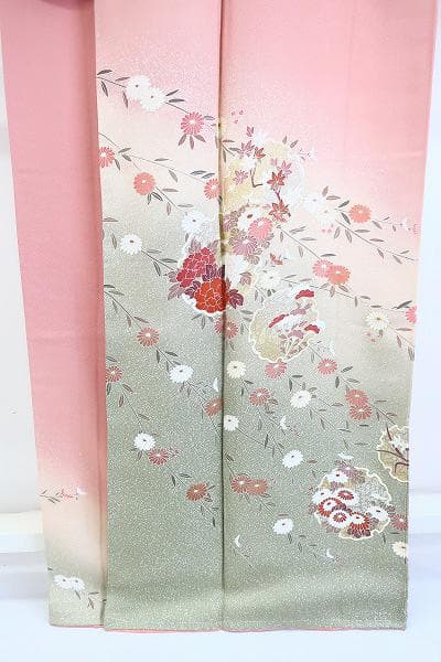 未使用品 訪問着 ピンク 手描き友禅 雪輪 牡丹 菊 花文 身丈163cm
