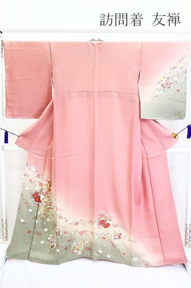 未使用品 訪問着 ピンク 手描き友禅 雪輪 牡丹 菊 花文 身丈163cm