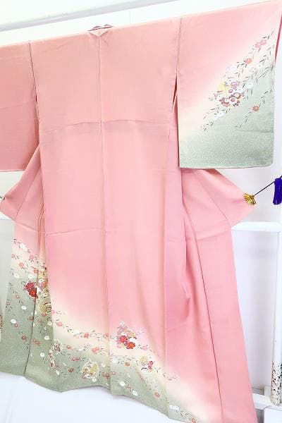 未使用品 訪問着 ピンク 手描き友禅 雪輪 牡丹 菊 花文 身丈163cm