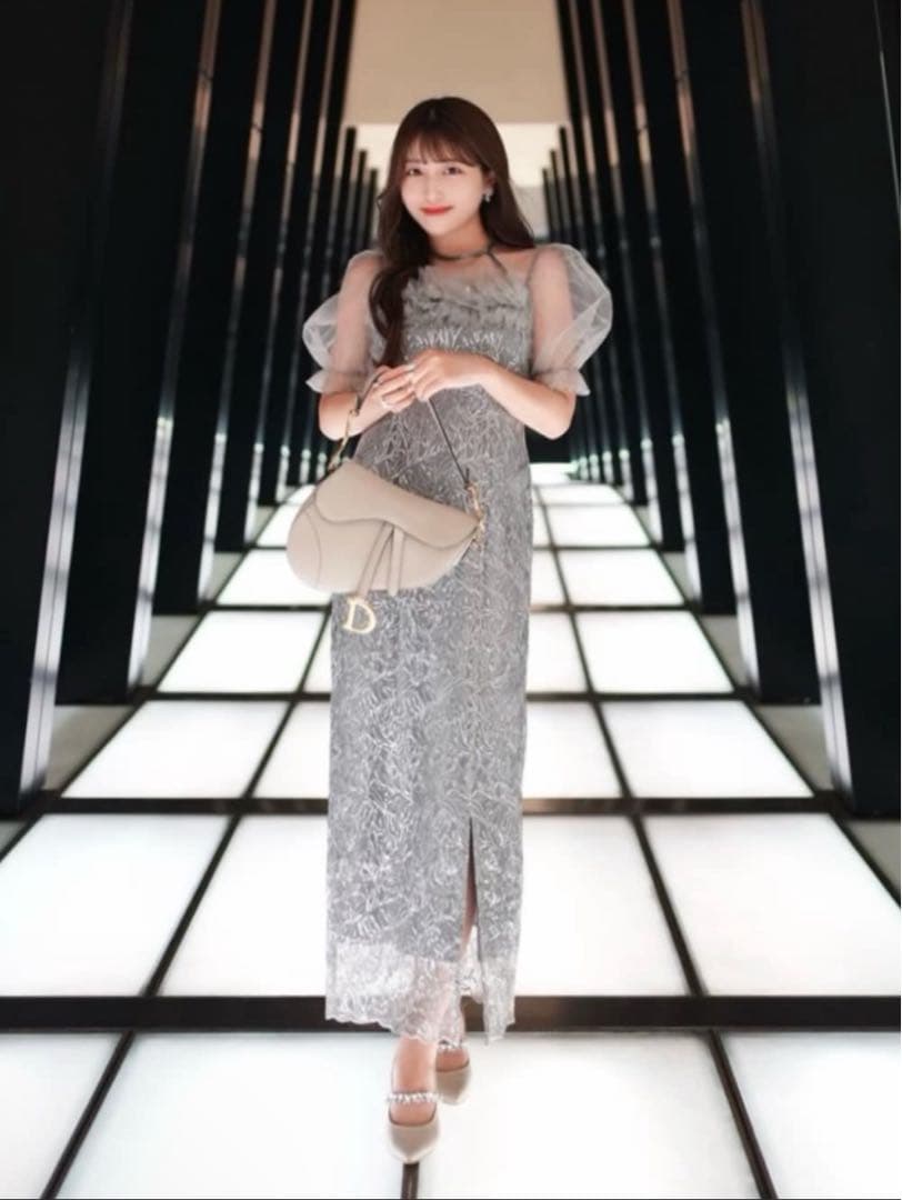 leja チュールフラワースパンコールIラインワンピースドレス