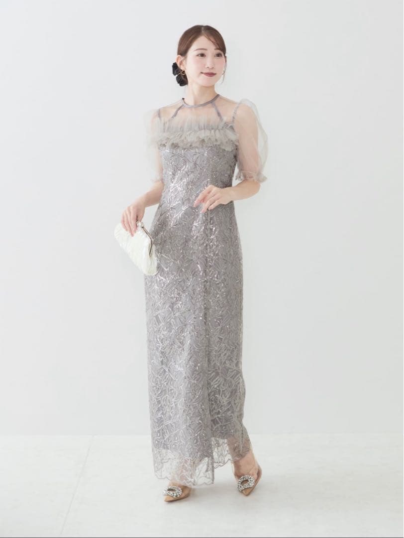 leja チュールフラワースパンコールIラインワンピースドレス