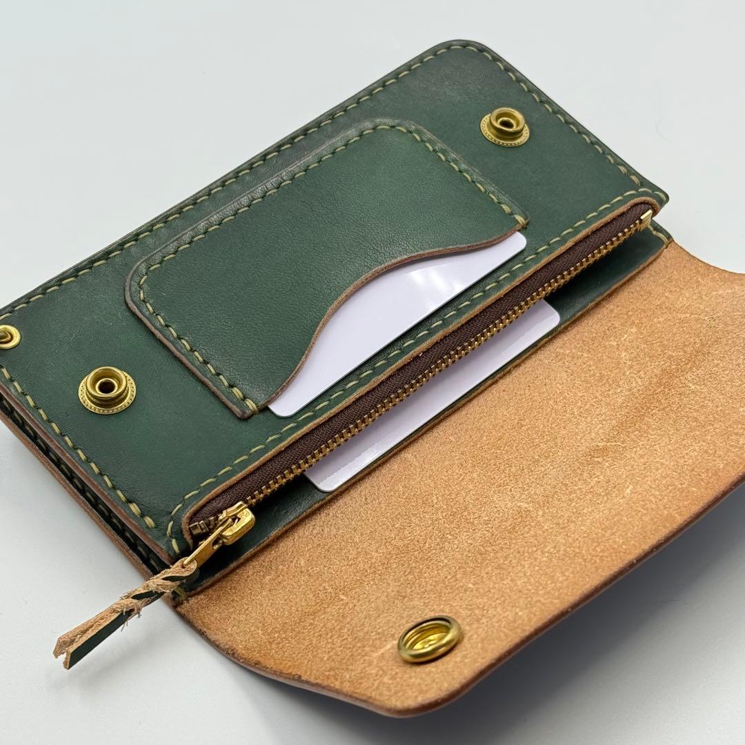 トラッカーウォレット(ダークグリーン)茶芯　サドルレザー　タロンジッパー　手縫い