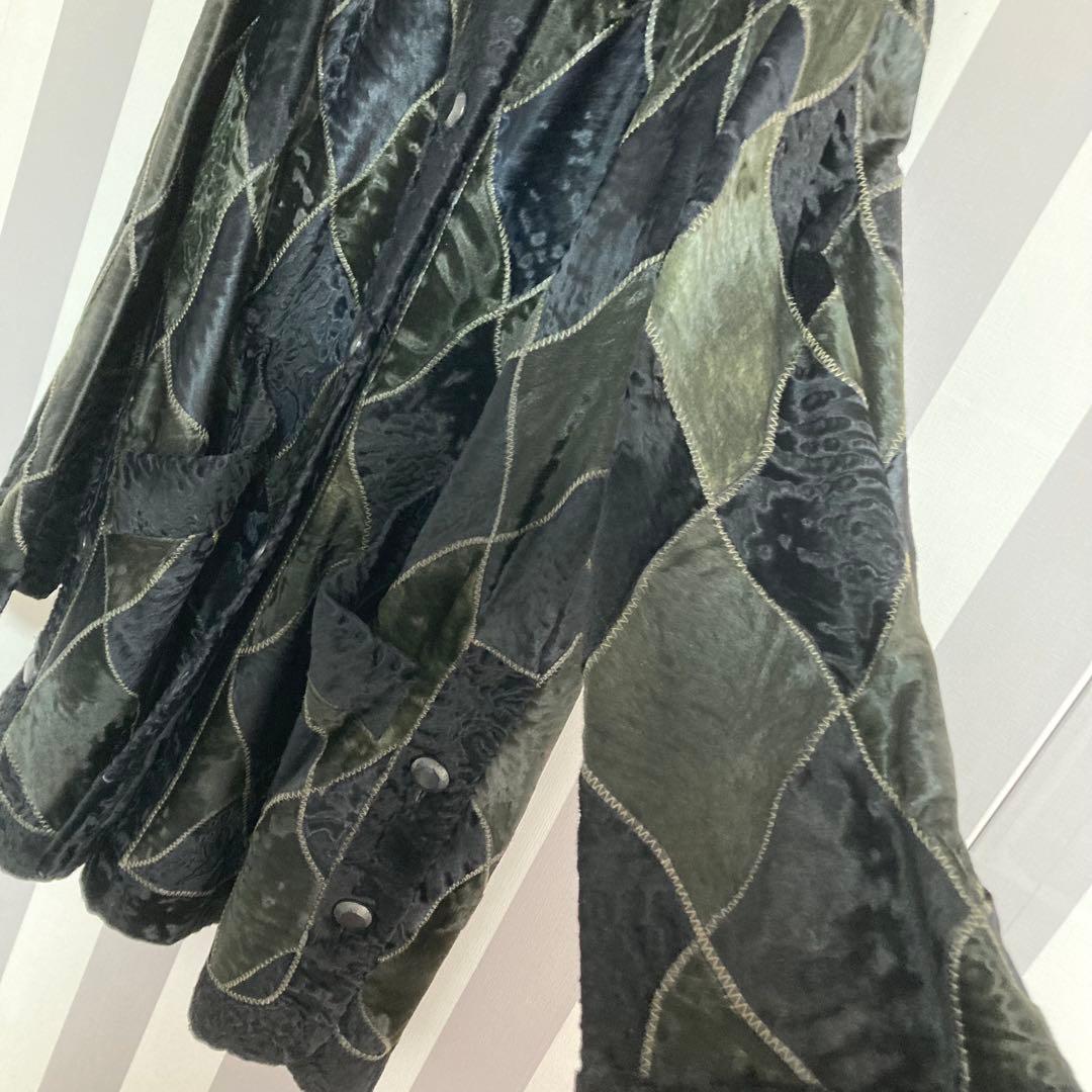 リンナネン【L】高級ファーコート◎ブラック　異素材のダイヤ柄　ロシアンカラクール