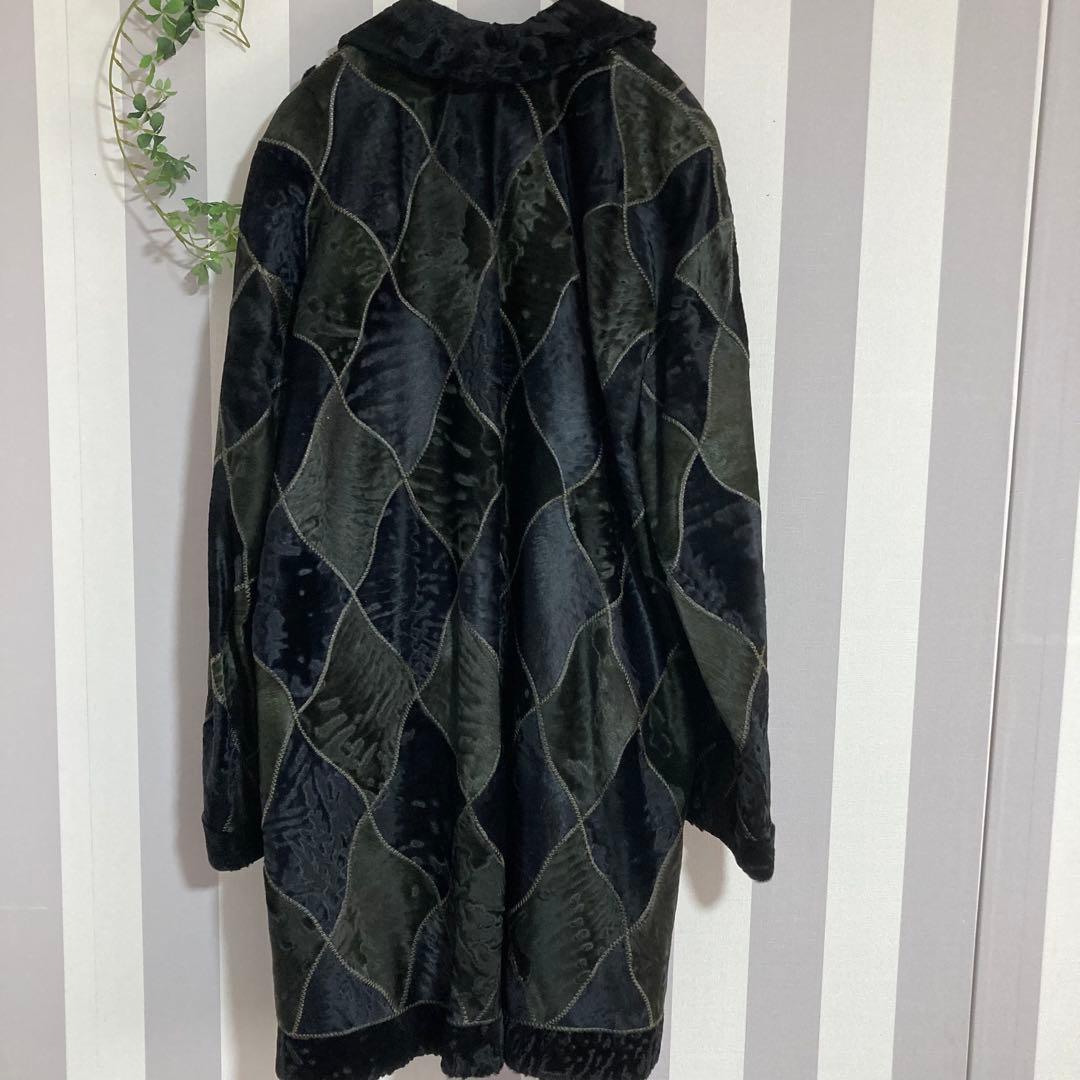 リンナネン【L】高級ファーコート◎ブラック　異素材のダイヤ柄　ロシアンカラクール