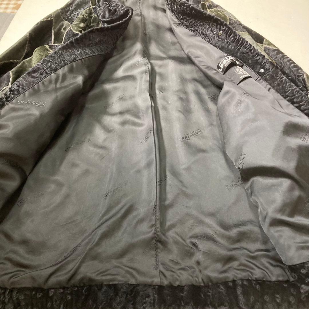 リンナネン【L】高級ファーコート◎ブラック　異素材のダイヤ柄　ロシアンカラクール