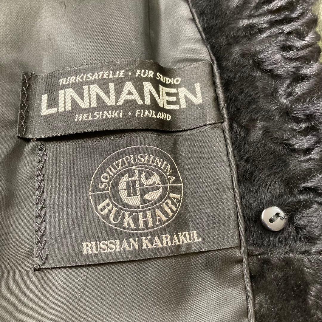 リンナネン【L】高級ファーコート◎ブラック　異素材のダイヤ柄　ロシアンカラクール