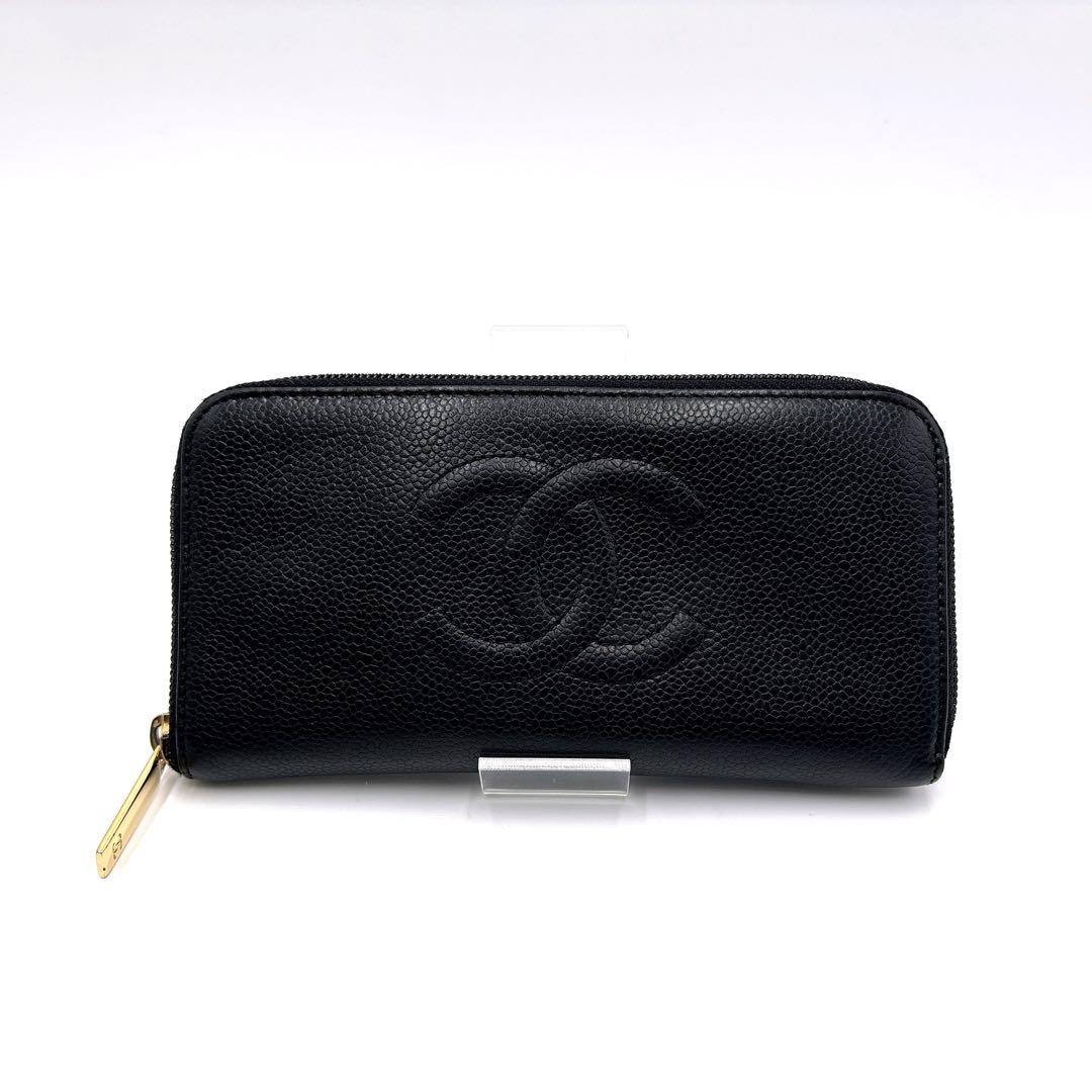【美品】CHANEL シャネル ココマーク キャビアスキン ラウンドファスナー