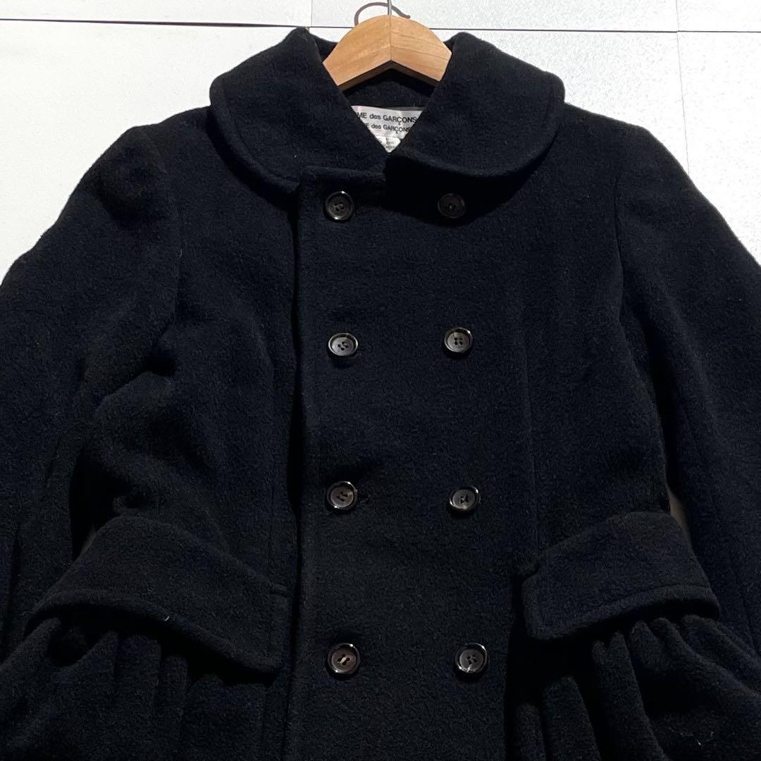 【美品】コムコム ロングコート ギャザー 丸襟 フレア ウール 黒 アーカイブ