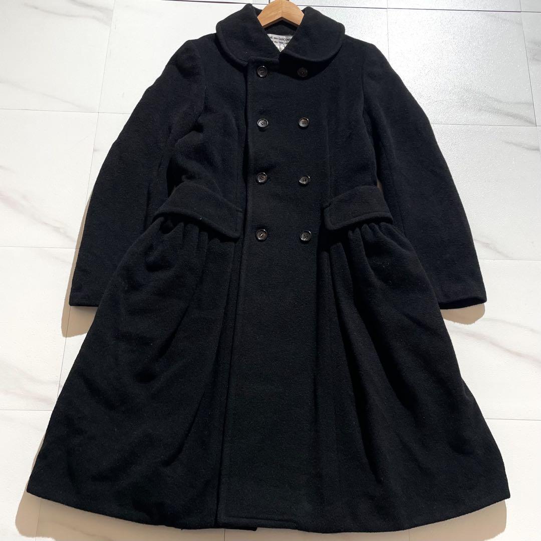 【美品】コムコム ロングコート ギャザー 丸襟 フレア ウール 黒 アーカイブ