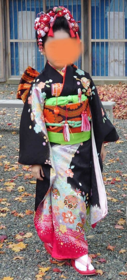 七五三用 正絹　花柄黒着物フルセット　着物　襦袢　帯　帯揚げ帯締め　バッグ　草履