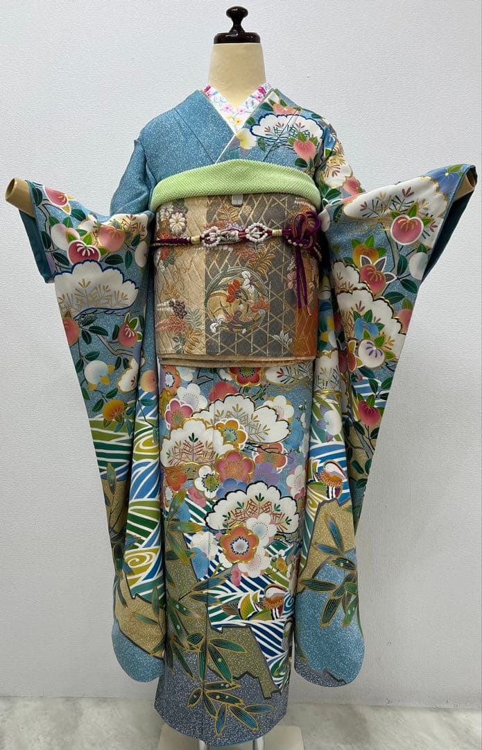 振り袖　フルセット　別誂長襦袢　金彩加工　刺繍入り　たたき染　奥田秀水　　752