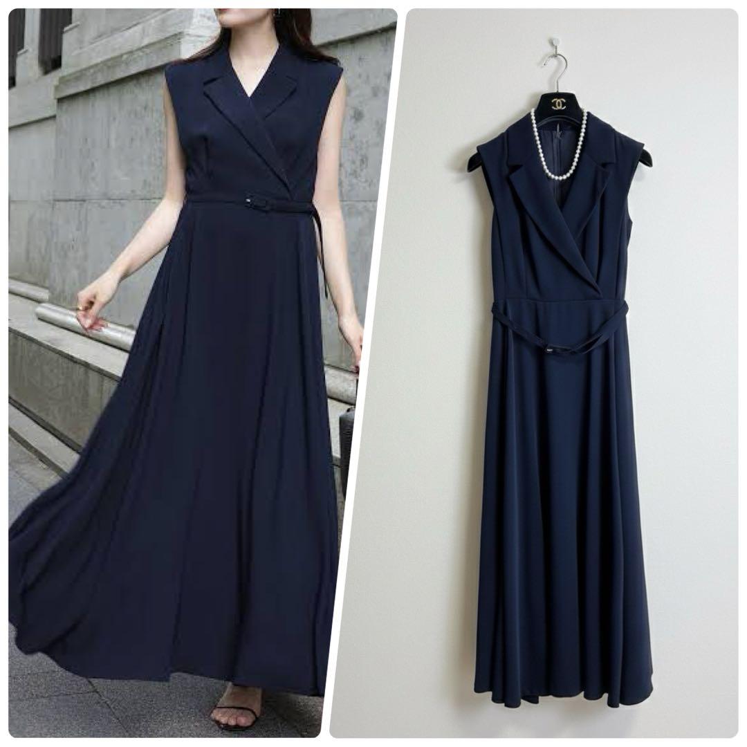 【anuans】25SS ダブルサテンテーラードフレアワンピース　ネイビー　春服