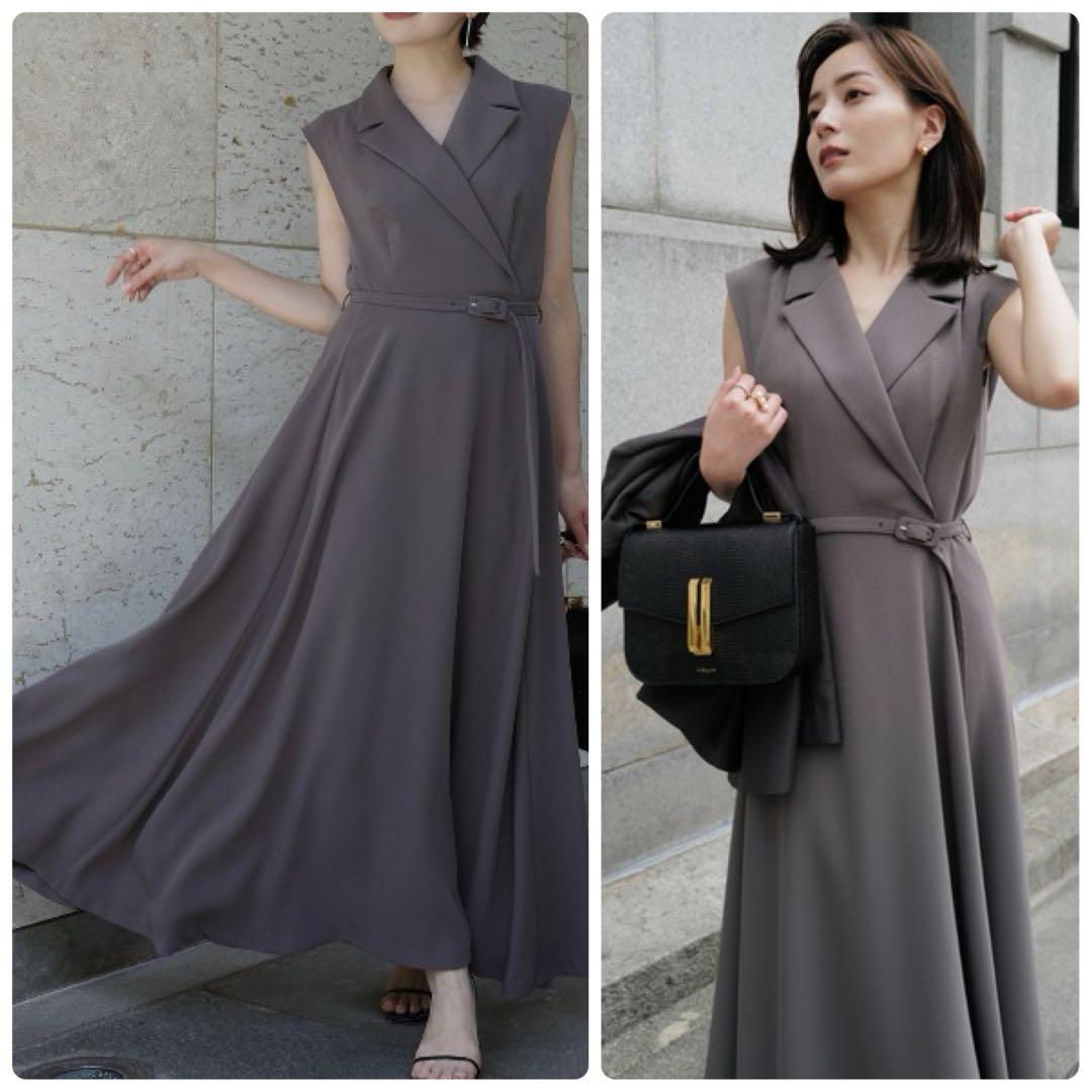 【anuans】25SS ダブルサテンテーラードフレアワンピース　ネイビー　春服