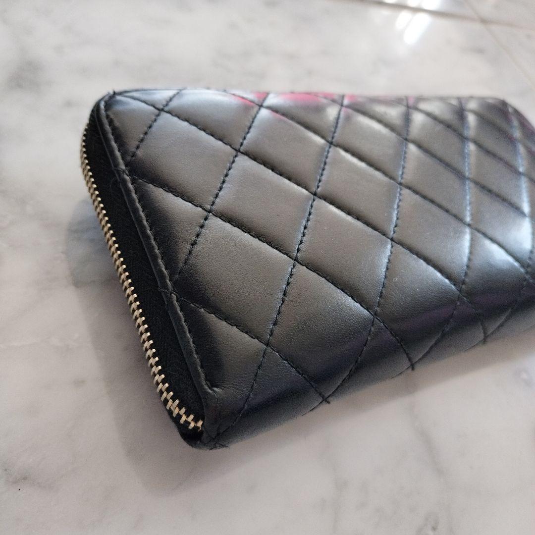 CHANEL マトラッセ ラウンドファスナー長財布 ブラック パールココ