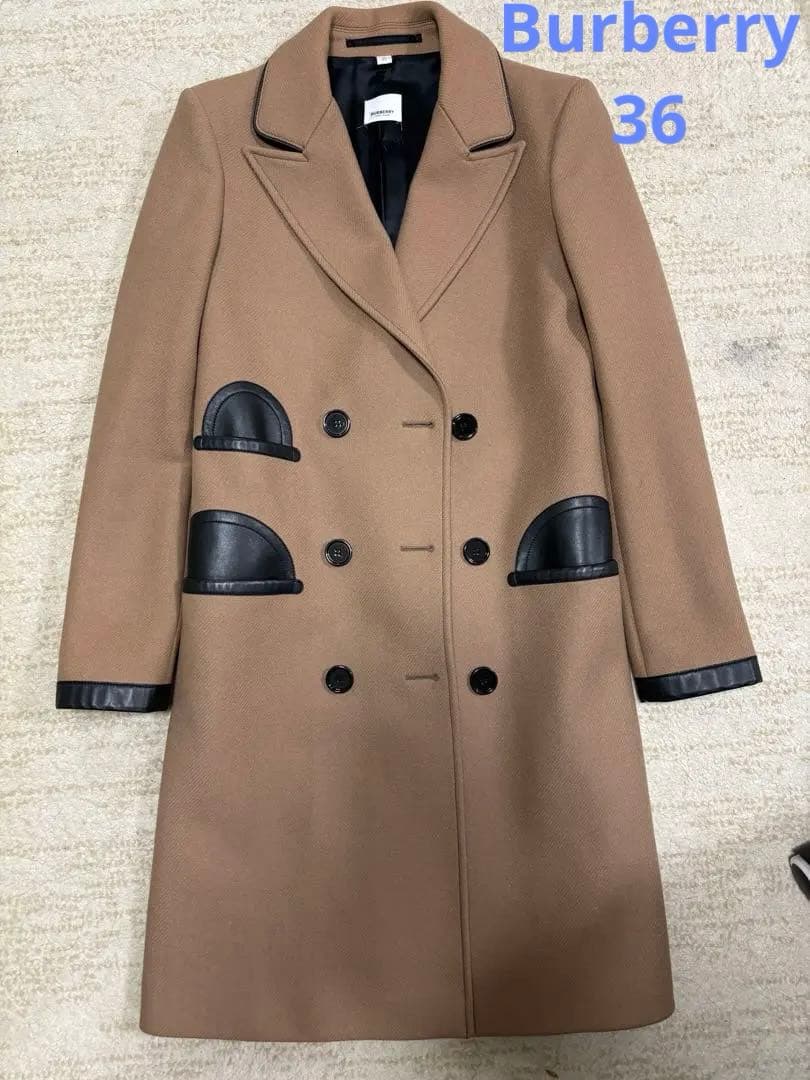 美品 BURBERRY ウールコート レザートリム キャメル UK4 カシミヤ混
