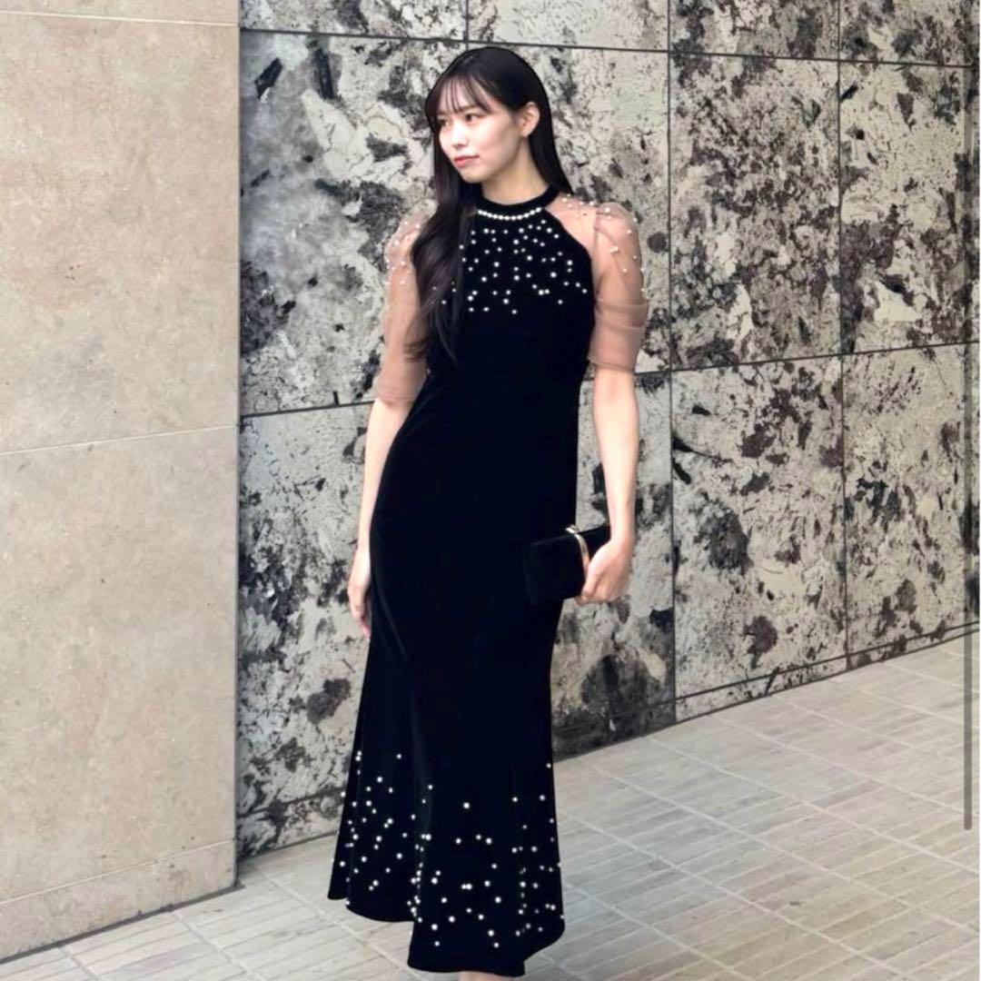 【LEJA】シアースリーブパールビジューベロアマーメイドドレス ワンピース S