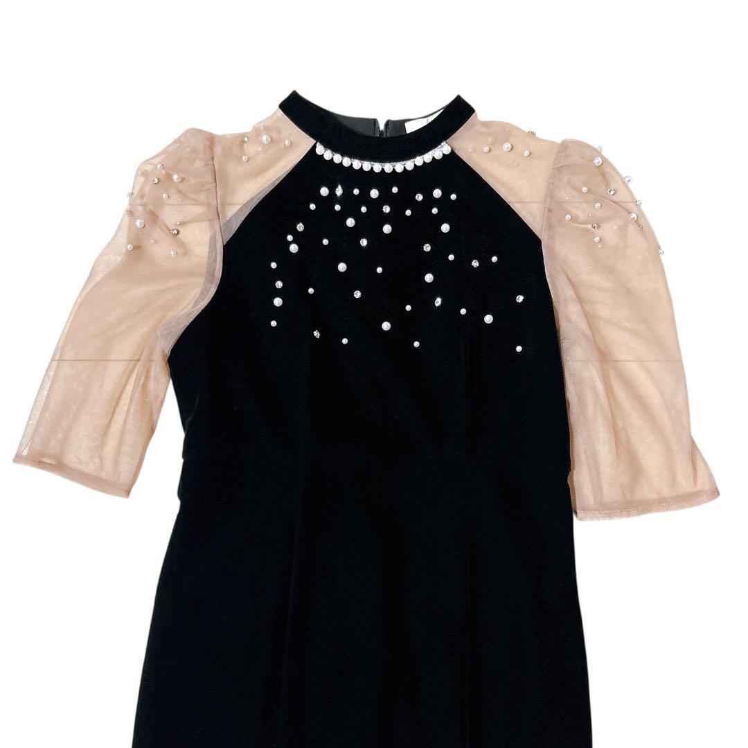 【LEJA】シアースリーブパールビジューベロアマーメイドドレス ワンピース S