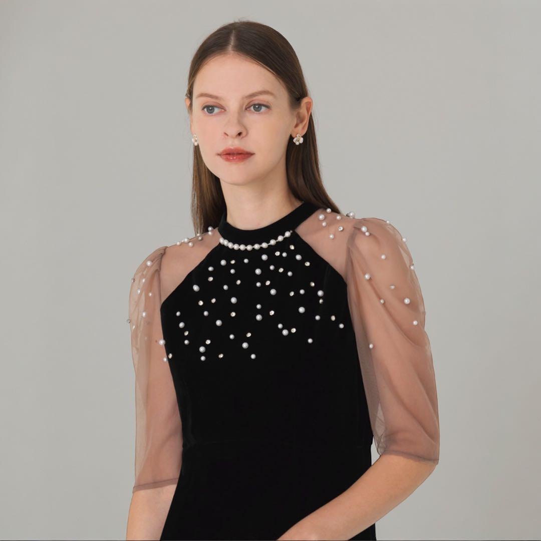 【LEJA】シアースリーブパールビジューベロアマーメイドドレス ワンピース S