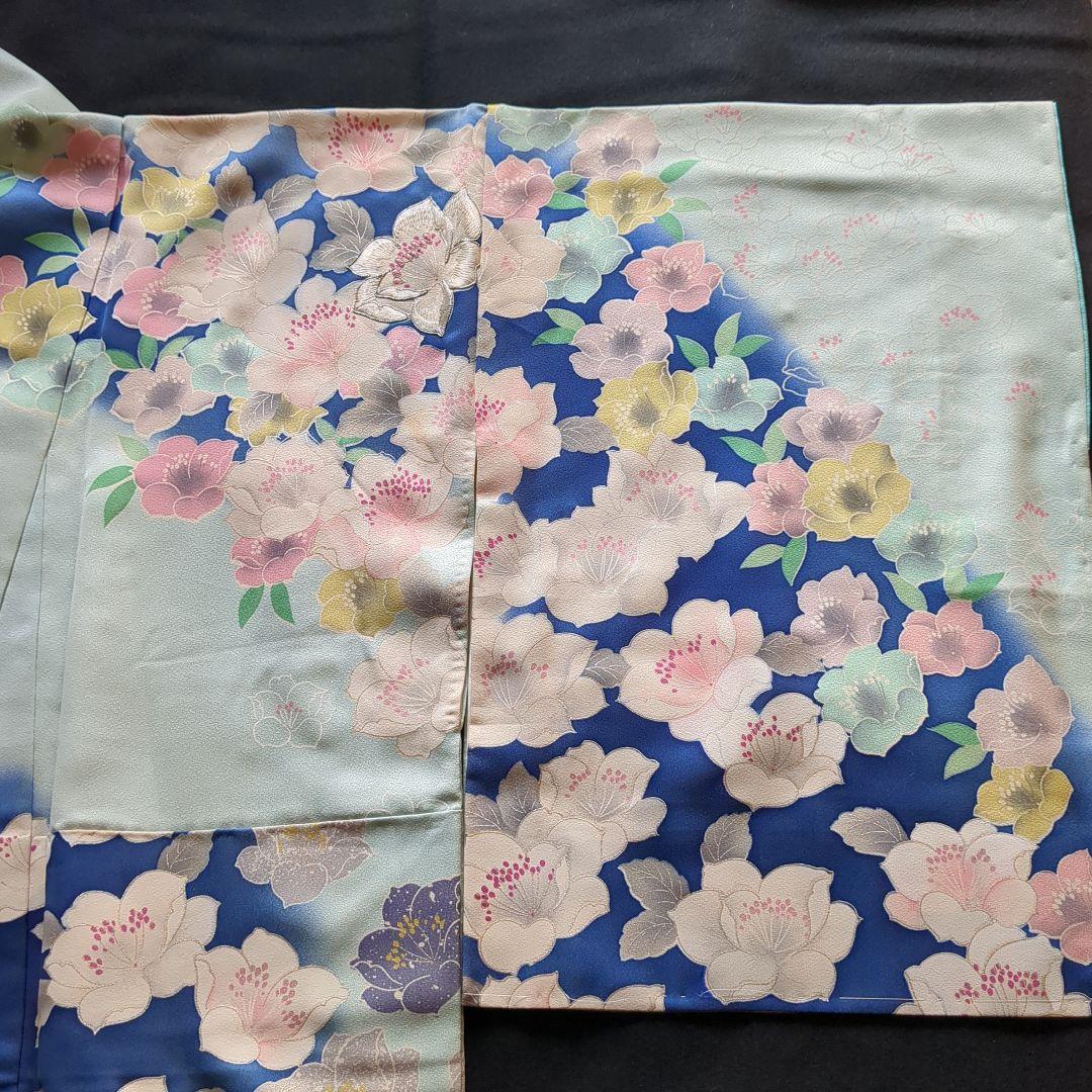 訪問着 仕立て替え品 水色×椿文様 袖しつけ付き｜難あり 撮影・リメイク向け）
